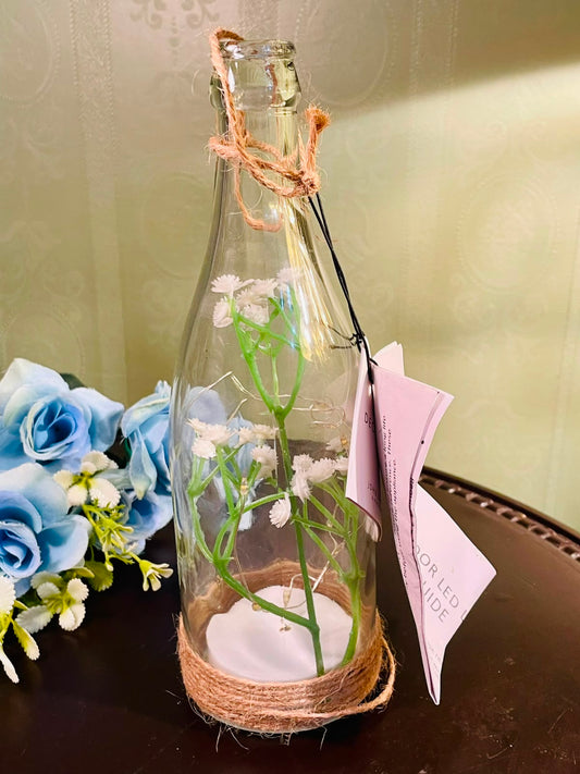 Decorative Glass Bottle with Faux White Flowers & LED Fairy Lights – Rustic Jute Base, 23 cm