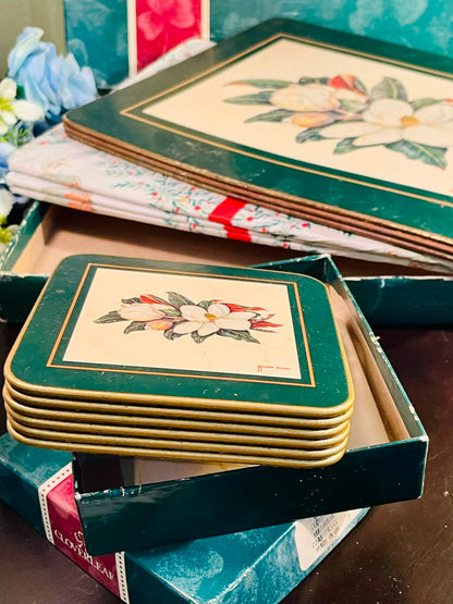 Cloverleaf Traditional Table Mats & Coasters Set – Magnolia Floral Design, 6 Placemats & 6 Coasters with Original Box