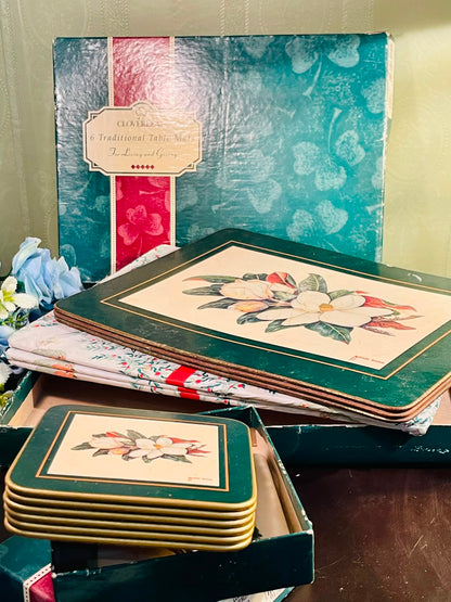 Cloverleaf Traditional Table Mats & Coasters Set – Magnolia Floral Design, 6 Placemats & 6 Coasters with Original Box