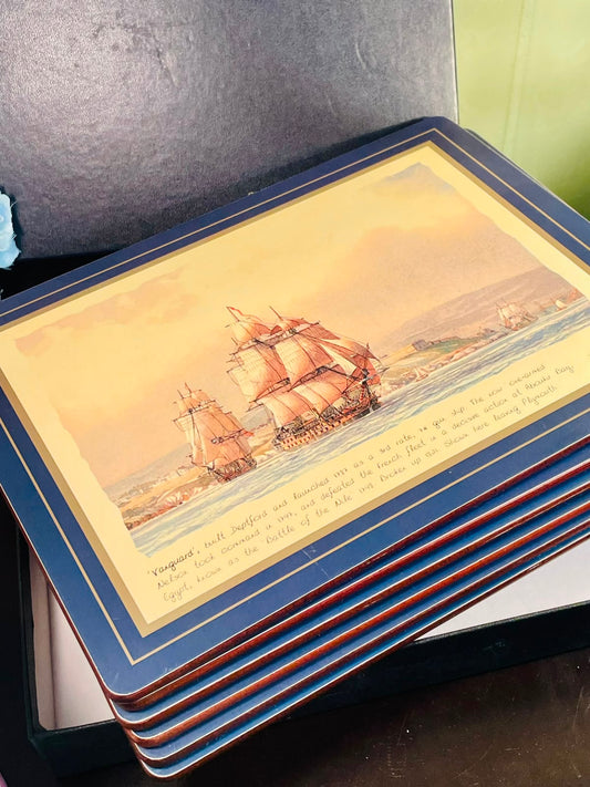 Vintage Naval Ship Cork-Backed Table Mats Set – HMS Vanguard Maritime Placemats, Set of 6 with Presentation Box