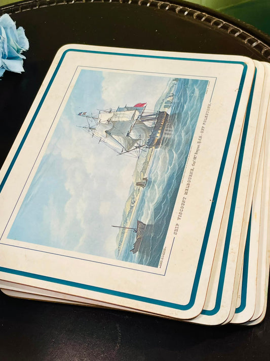 Vintage Maritime Cork-Backed Table Mats Set – Viscount Melbourne Sailing Ship Placemats, Set of 6