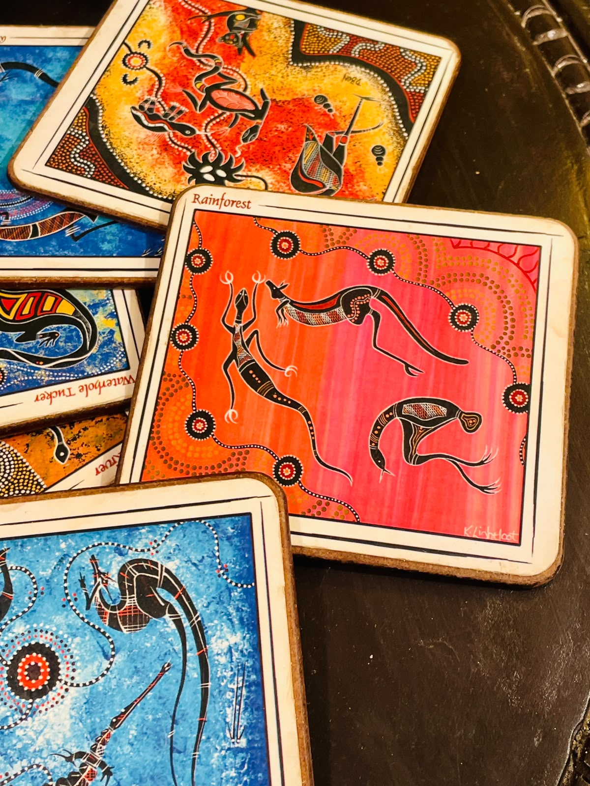 Set of 6 Australian Aboriginal-Inspired Coasters – Colourful Wildlife Cork-Backed Drink Mats