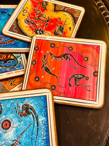 Set of 6 Australian Aboriginal-Inspired Coasters – Colourful Wildlife Cork-Backed Drink Mats