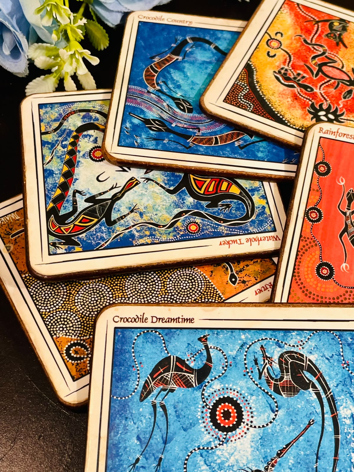 Set of 6 Australian Aboriginal-Inspired Coasters – Colourful Wildlife Cork-Backed Drink Mats
