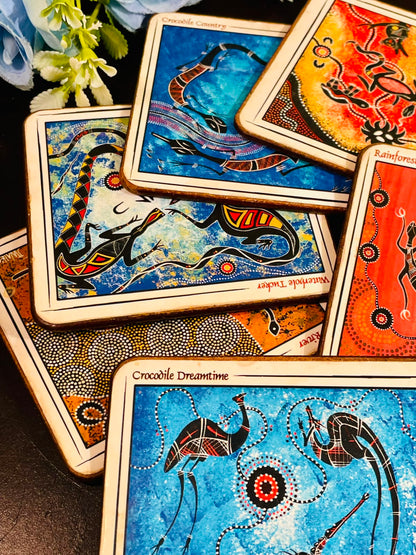 Set of 6 Australian Aboriginal-Inspired Coasters – Colourful Wildlife Cork-Backed Drink Mats