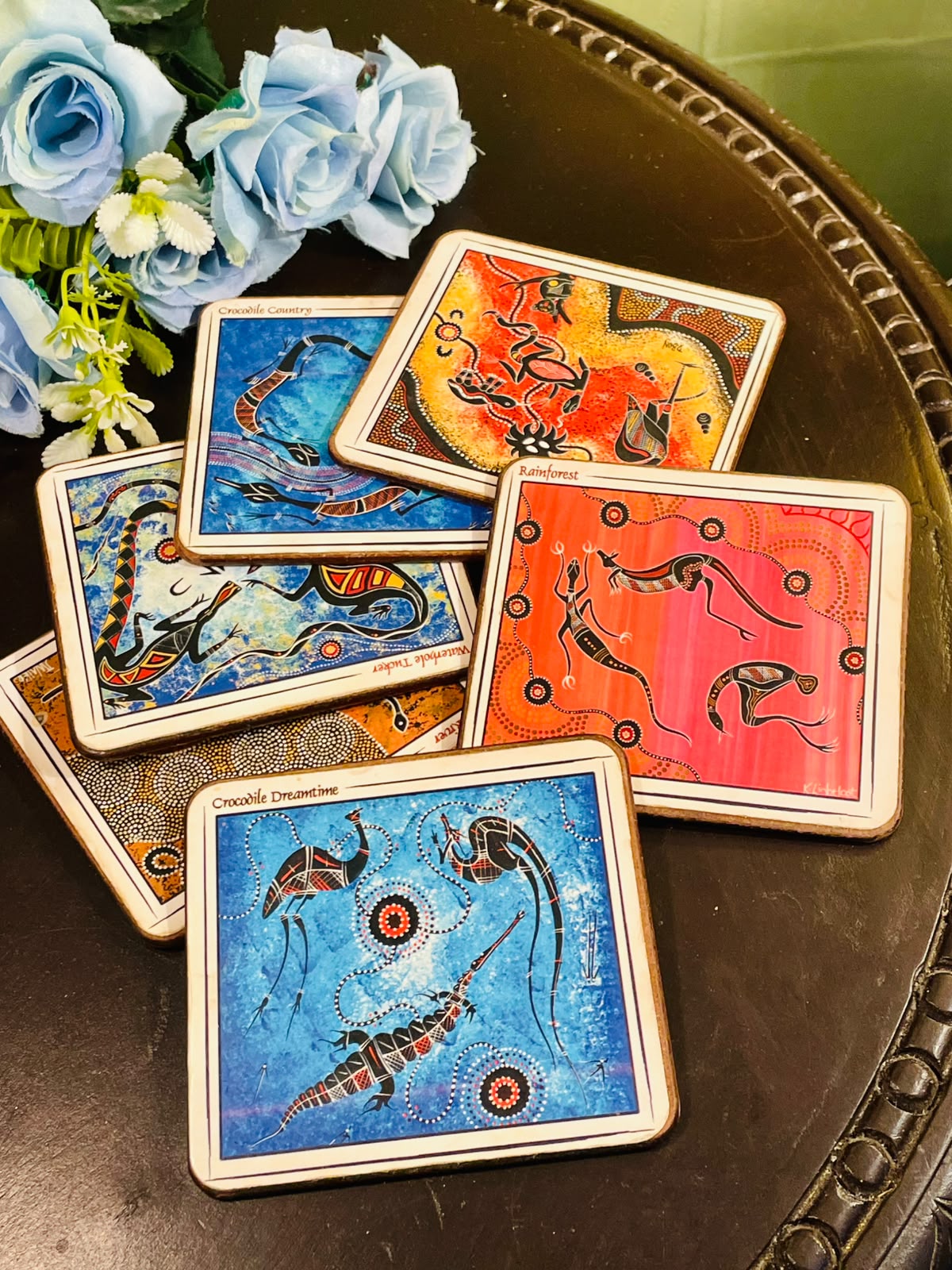 Set of 6 Australian Aboriginal-Inspired Coasters – Colourful Wildlife Cork-Backed Drink Mats