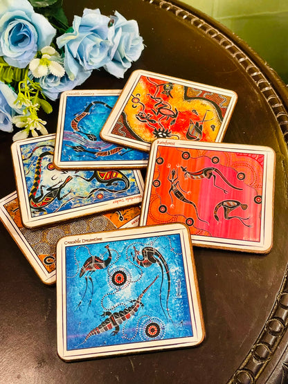 Set of 6 Australian Aboriginal-Inspired Coasters – Colourful Wildlife Cork-Backed Drink Mats