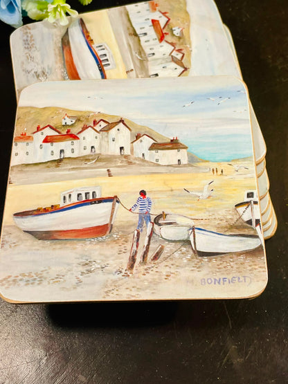 Coastal Village Art Coasters Set of 8 Approx. 11cm