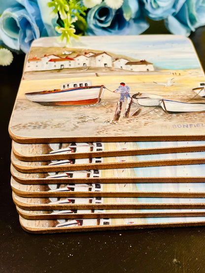 Coastal Village Art Coasters Set of 8 Approx. 11cm