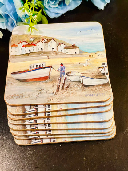 Coastal Village Art Coasters Set of 8 Approx. 11cm