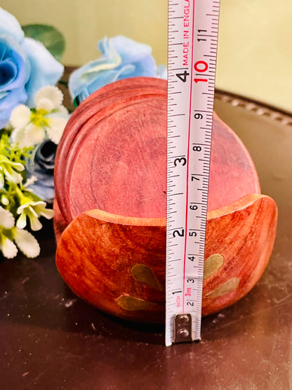 Carved Floral Wooden Coasters Set of 6 with Holder 9cm
