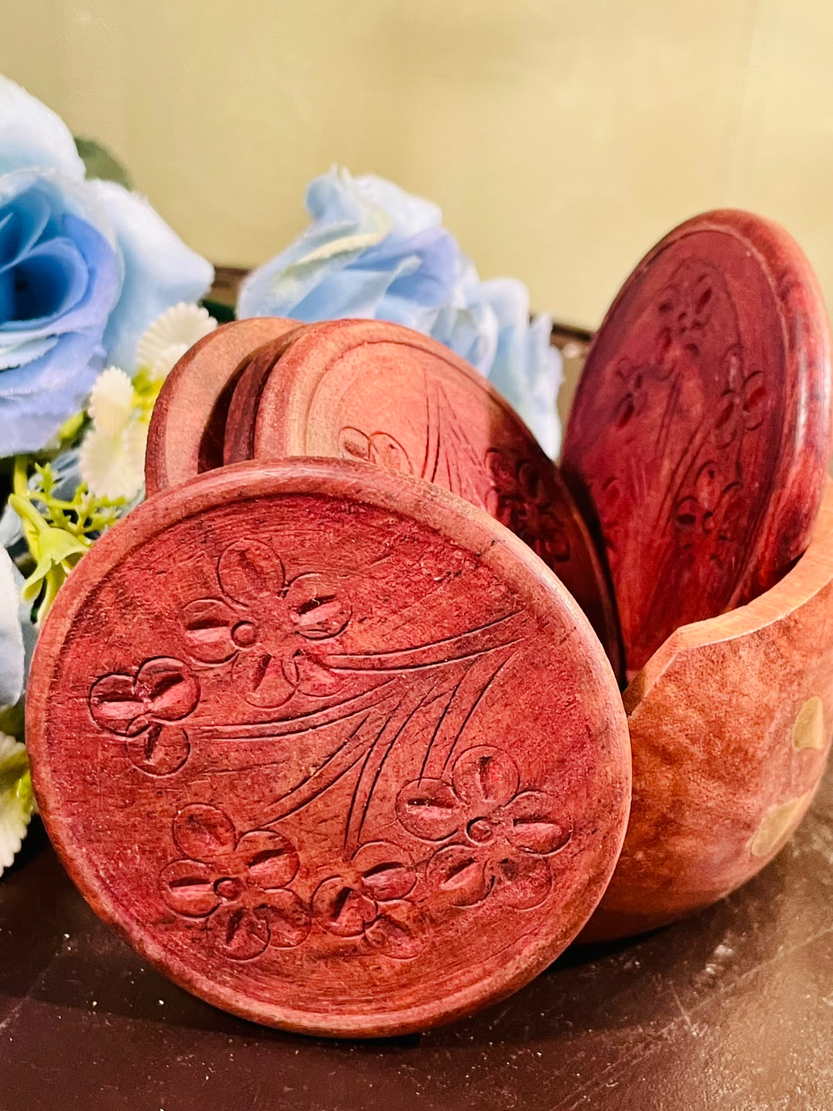 Carved Floral Wooden Coasters Set of 6 with Holder 9cm