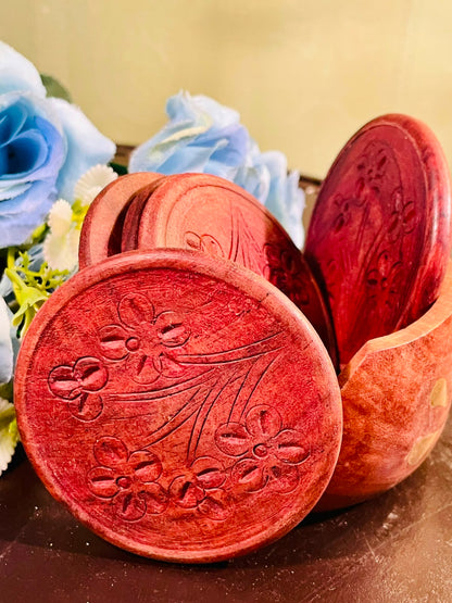 Carved Floral Wooden Coasters Set of 6 with Holder 9cm
