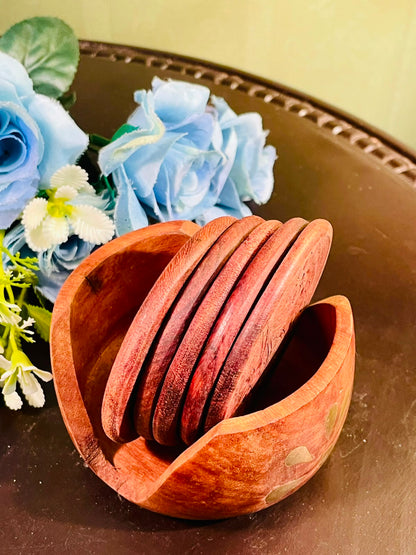 Carved Floral Wooden Coasters Set of 6 with Holder 9cm