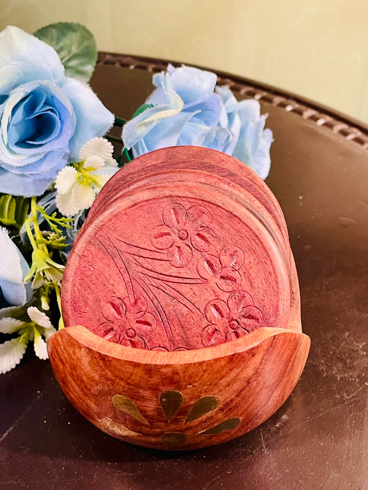Carved Floral Wooden Coasters Set of 6 with Holder 9cm