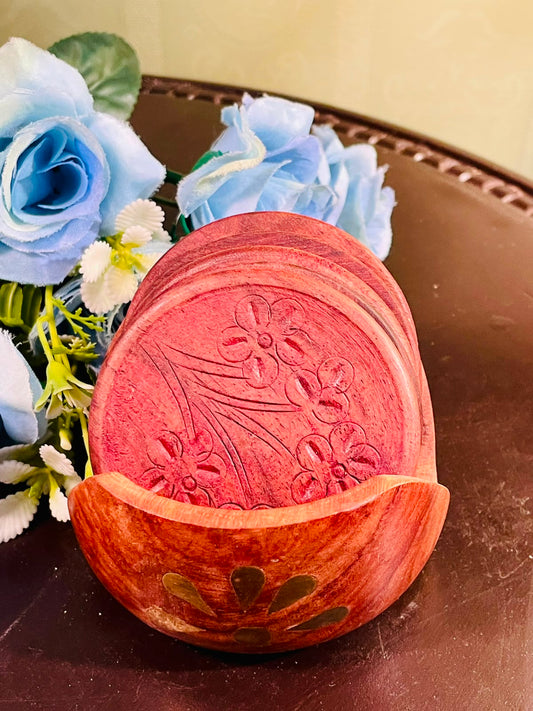 Carved Floral Wooden Coasters Set of 6 with Holder 9cm