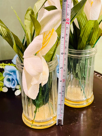 Pair of Ribbed Crystal Vases with White Tulips 22cm