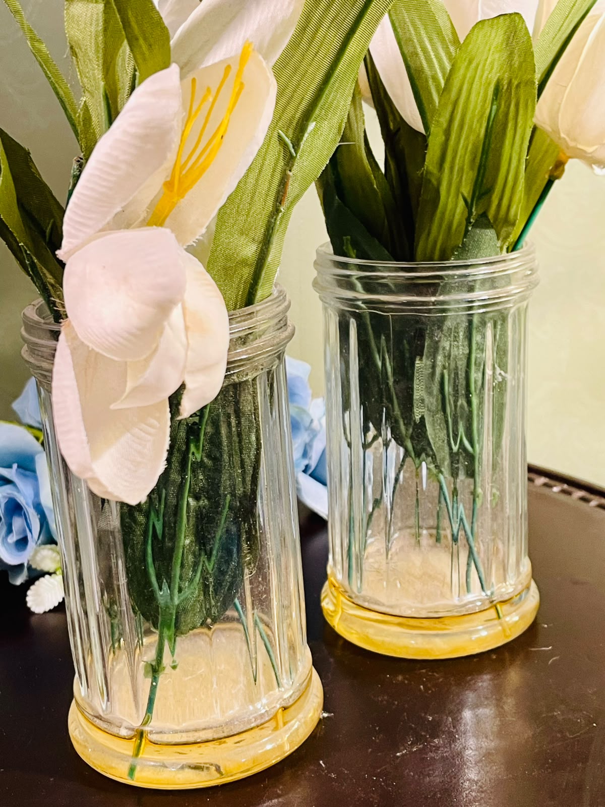 Pair of Ribbed Crystal Vases with White Tulips 22cm