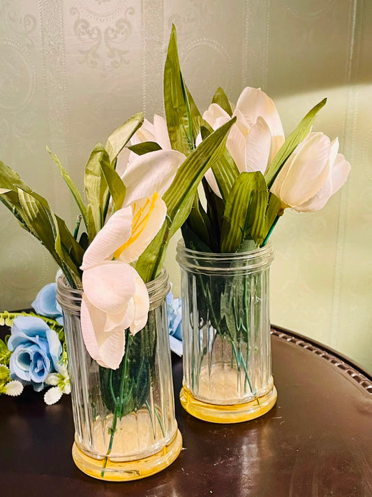 Pair of Ribbed Crystal Vases with White Tulips 22cm