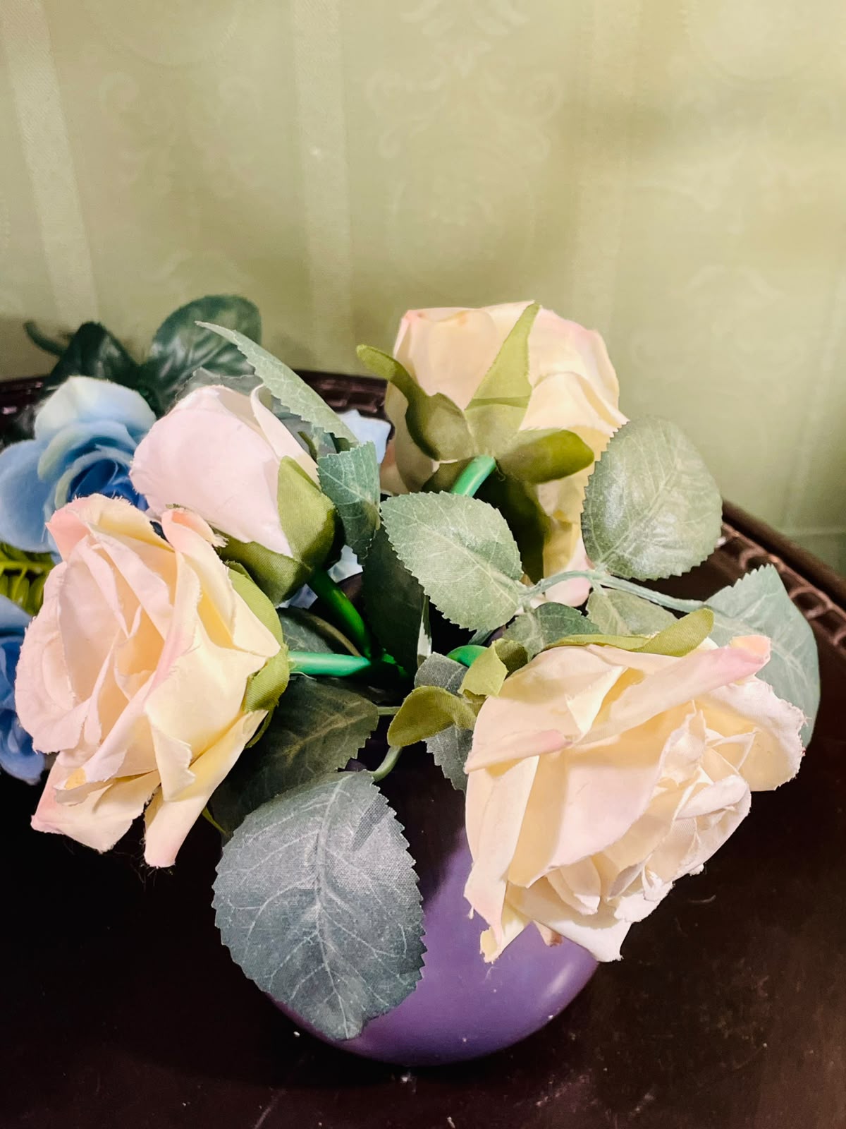 Purple Crystal Vase with Blush Roses Approx. 20cm
