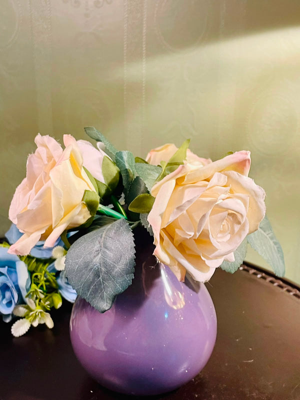 Purple Crystal Vase with Blush Roses Approx. 20cm