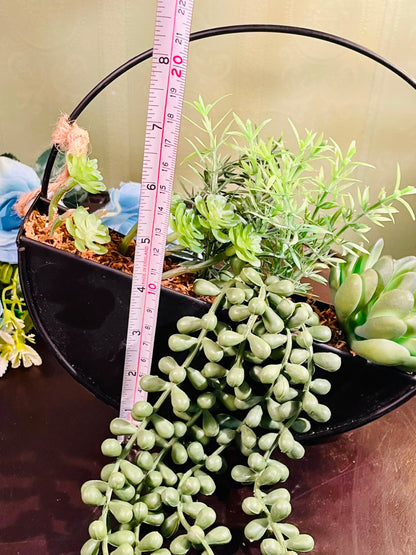Black Metal Hanging Planter with Artificial Succulents 22cm