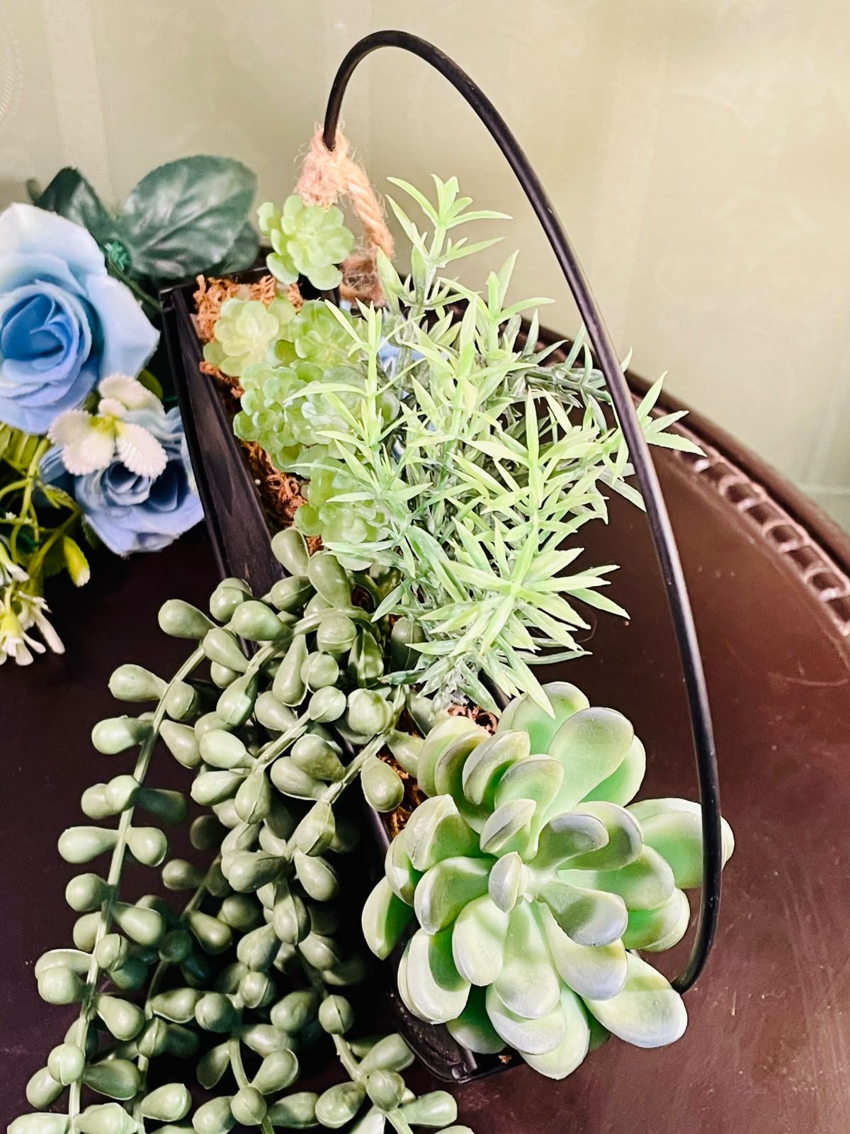 Black Metal Hanging Planter with Artificial Succulents 22cm
