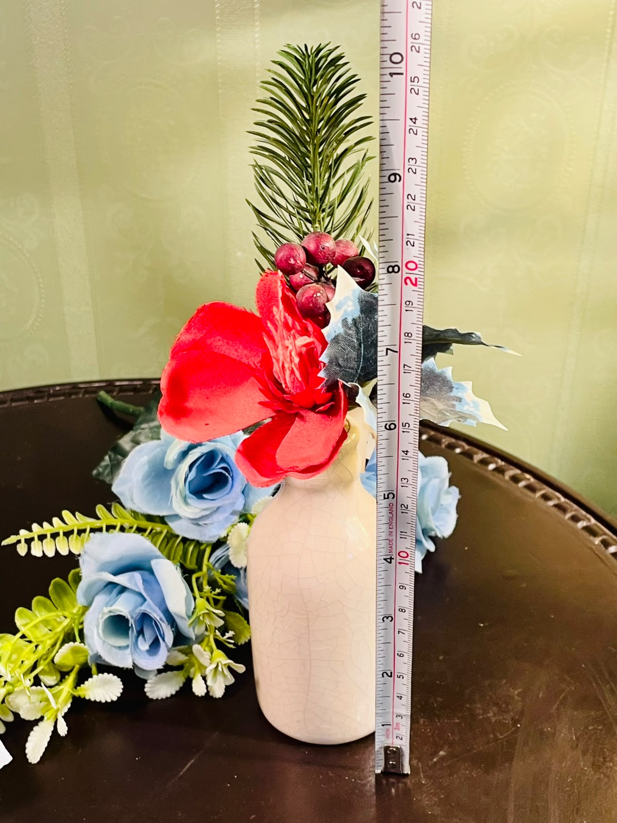White Crackle Vase with Red Floral Arrangement Approx. 26cm