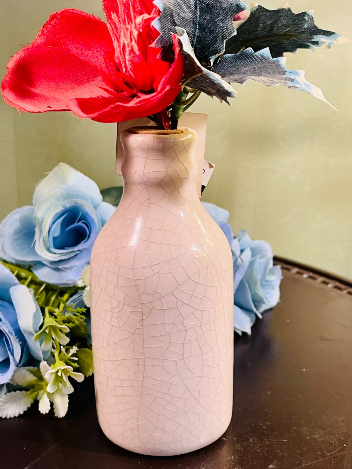 White Crackle Vase with Red Floral Arrangement Approx. 26cm