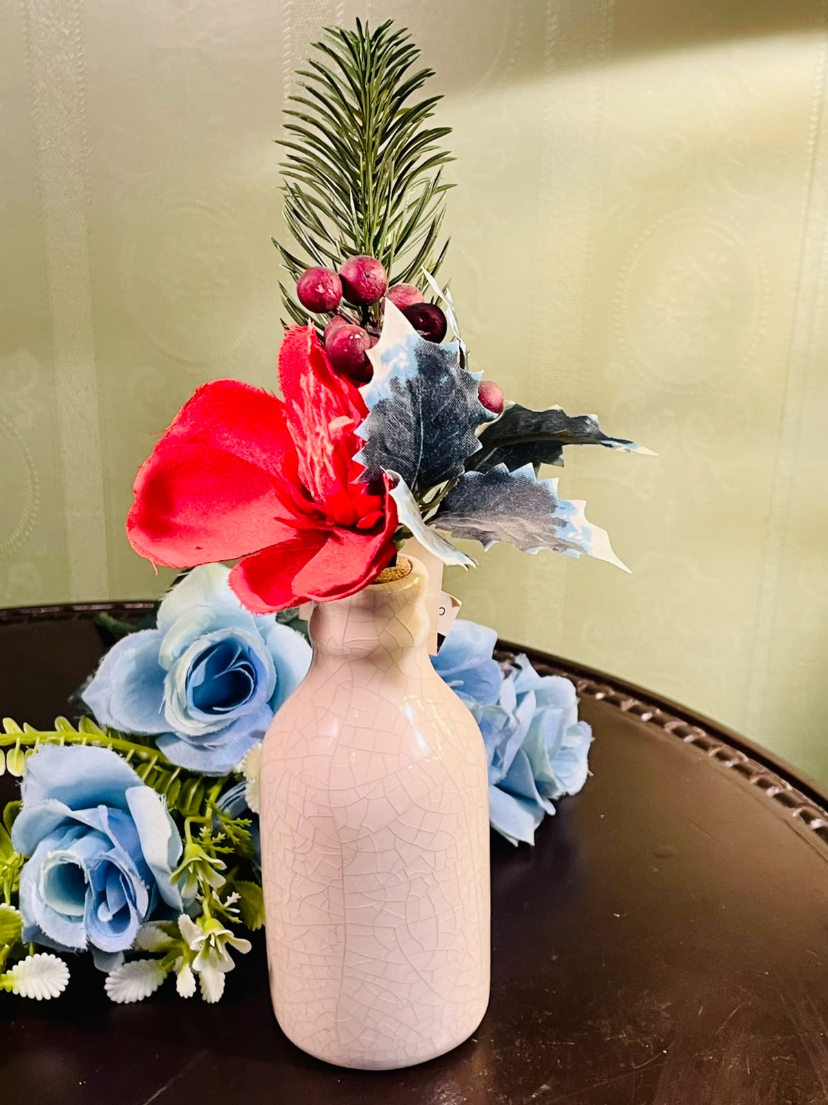 White Crackle Vase with Red Floral Arrangement Approx. 26cm
