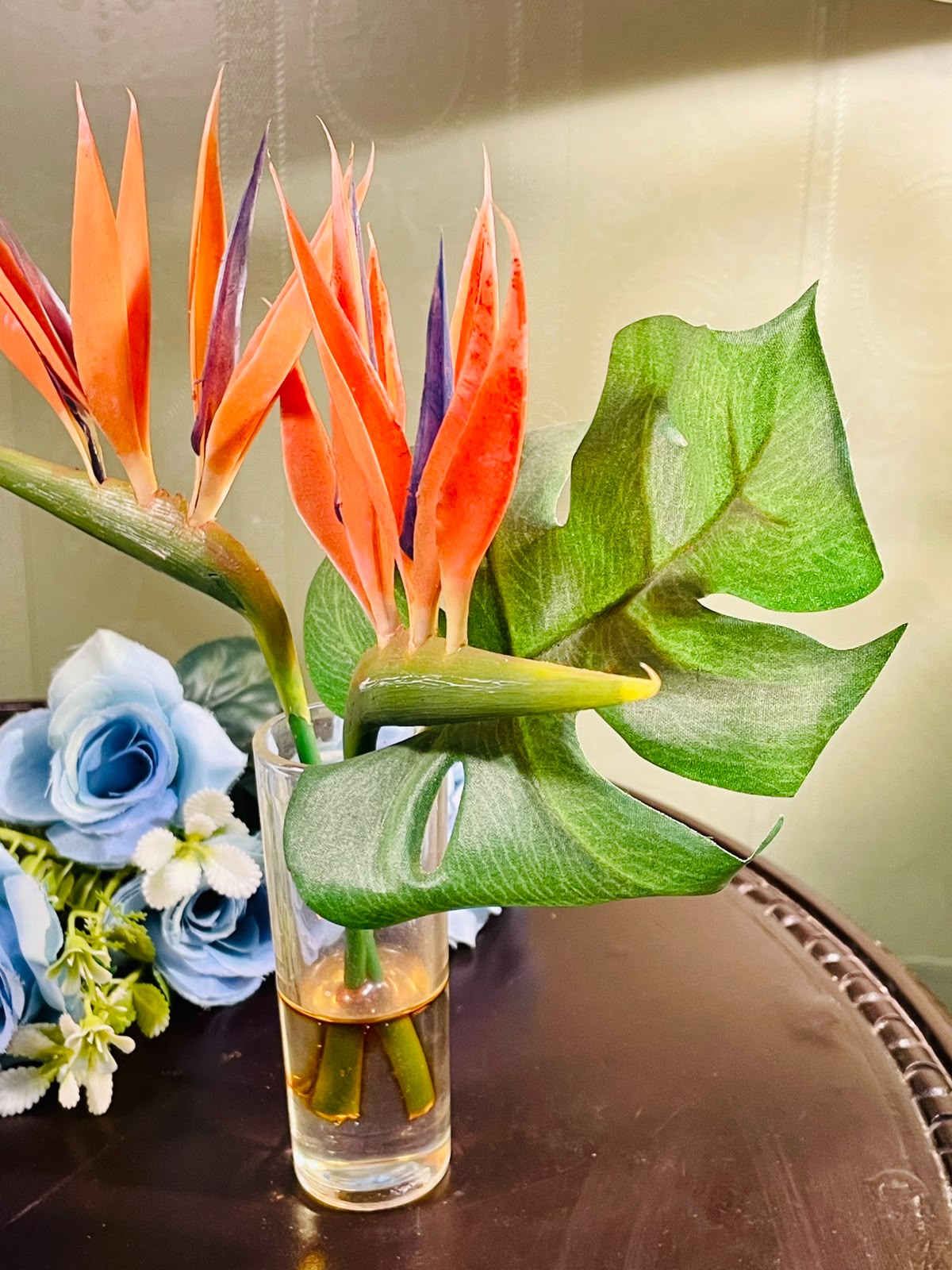 Clear Crystal Vase with Bird of Paradise Arrangement 24cm