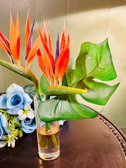 Clear Crystal Vase with Bird of Paradise Arrangement 24cm