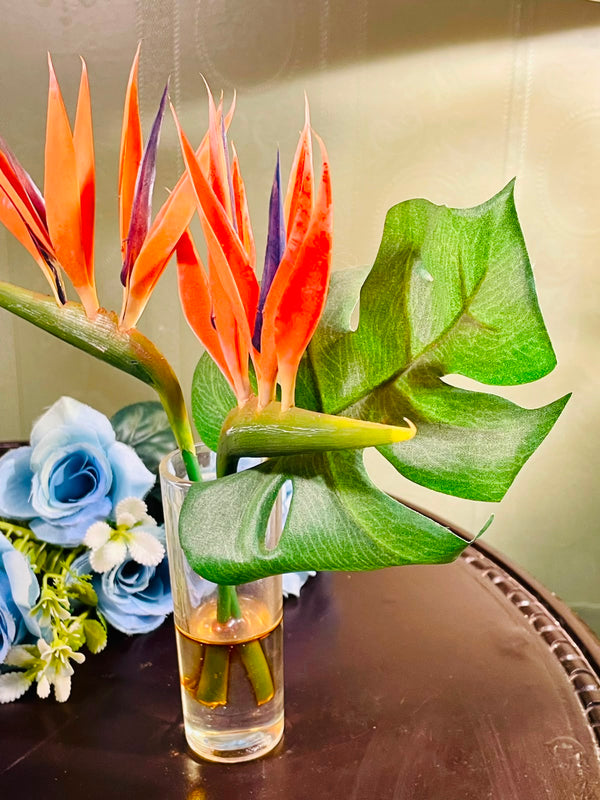 Clear Crystal Vase with Bird of Paradise Arrangement 24cm