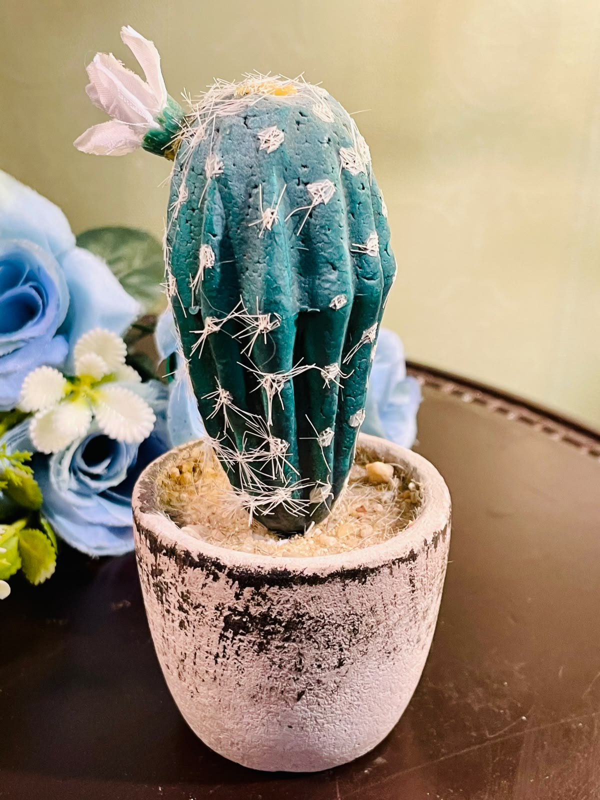 Artificial Teal Cactus in Textured Planter Approx. 15cm