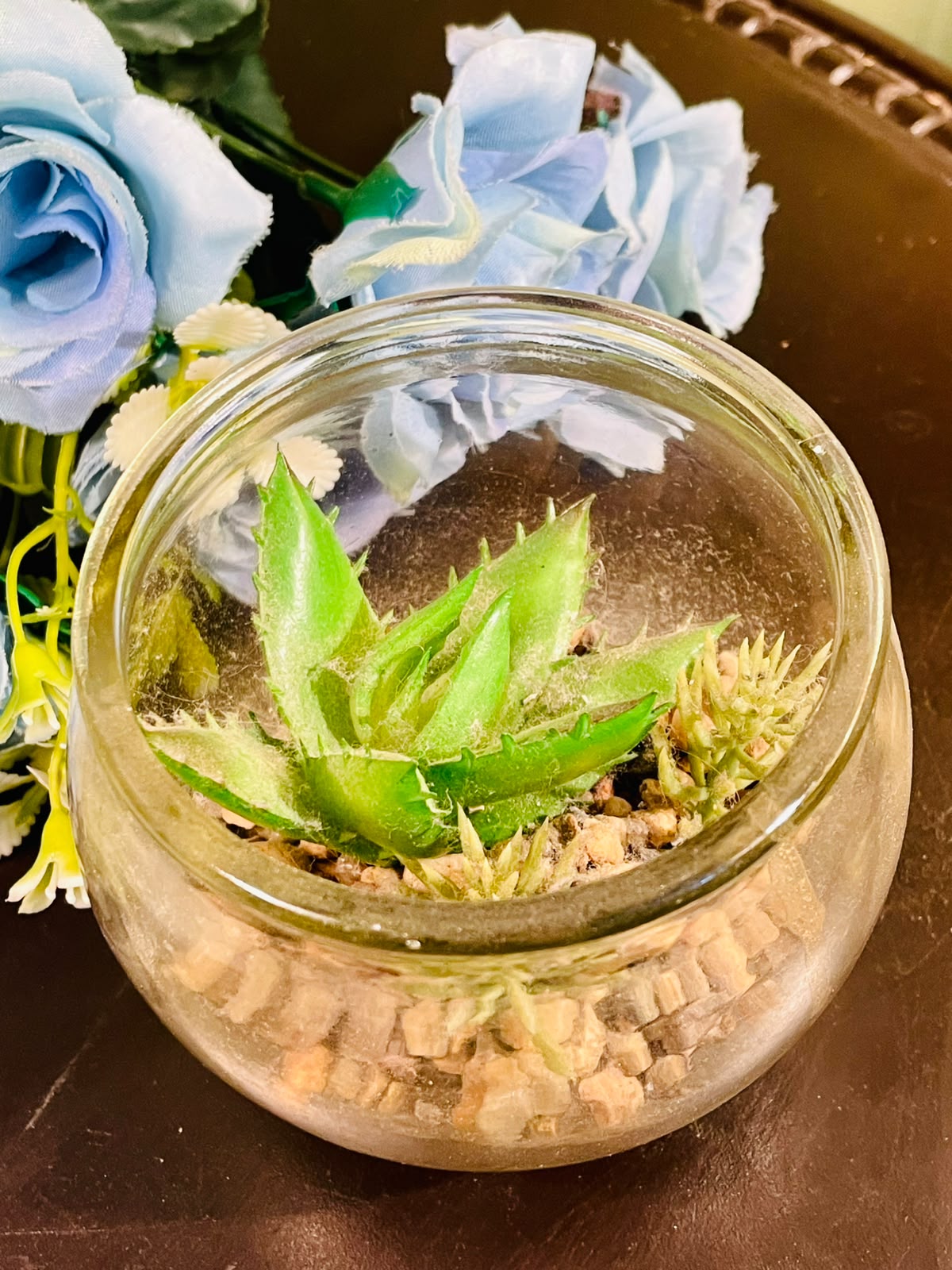 Clear Crystal Bowl with Artificial Succulents Approx. 12cm