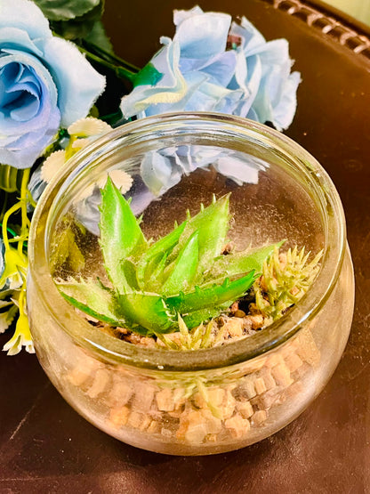 Clear Crystal Bowl with Artificial Succulents Approx. 12cm