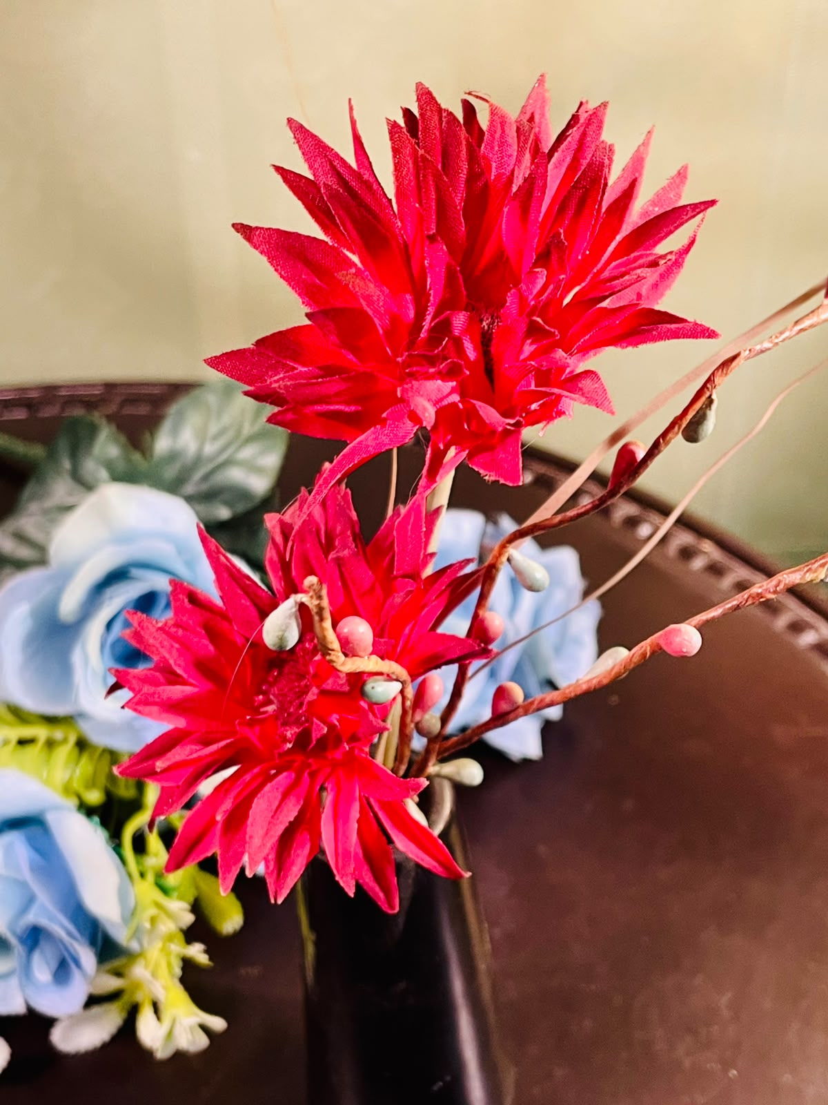 Black Ceramic Vase with Red Artificial Floral Arrangement Approx. 24cm