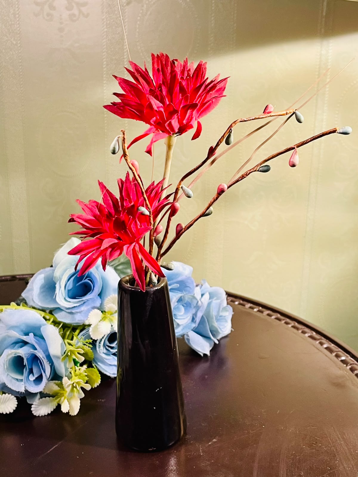 Black Ceramic Vase with Red Artificial Floral Arrangement Approx. 24cm