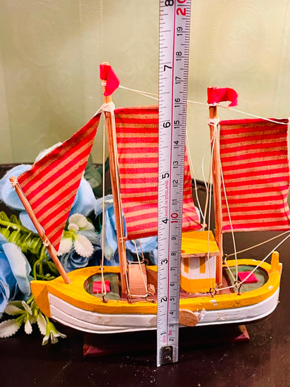 Miniature Wooden Sailboat with Red Striped Sails 20cm