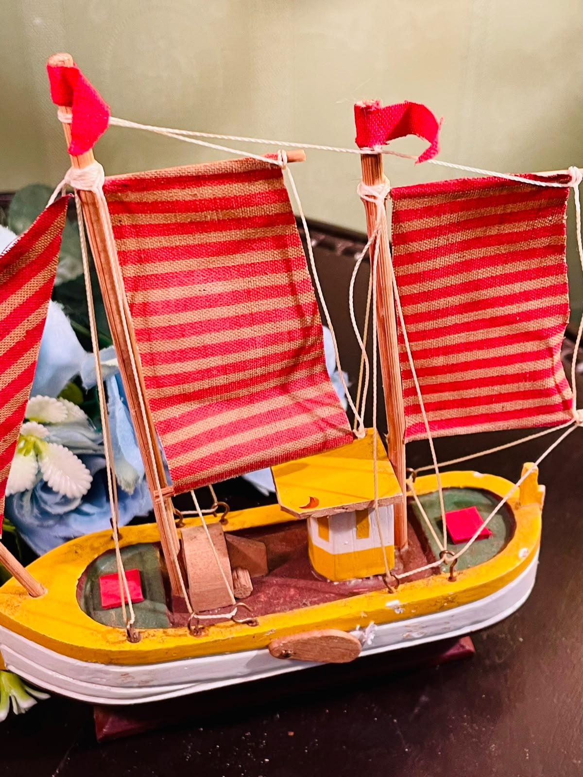 Miniature Wooden Sailboat with Red Striped Sails 20cm