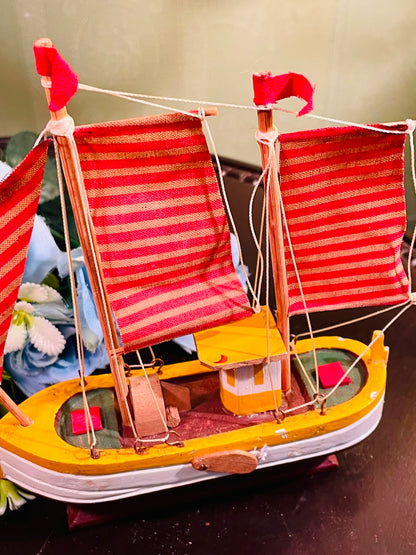 Miniature Wooden Sailboat with Red Striped Sails 20cm
