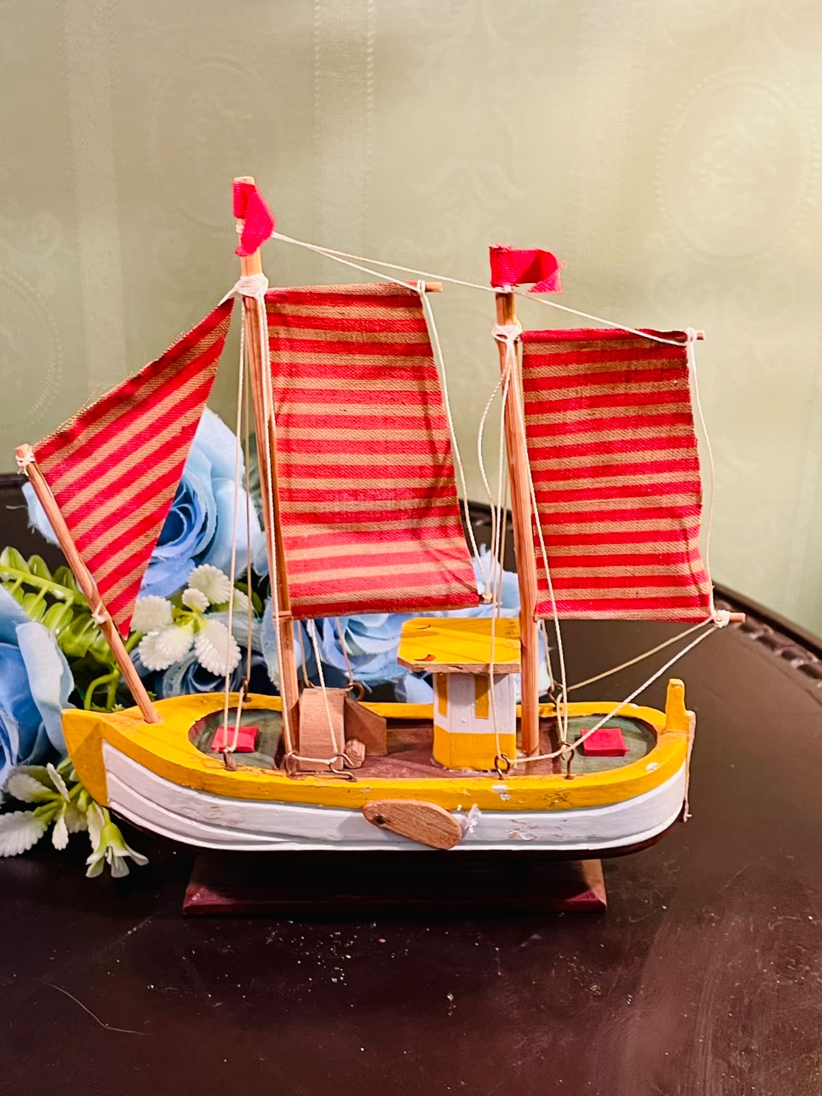 Miniature Wooden Sailboat with Red Striped Sails 20cm