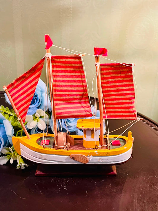 Miniature Wooden Sailboat with Red Striped Sails 20cm
