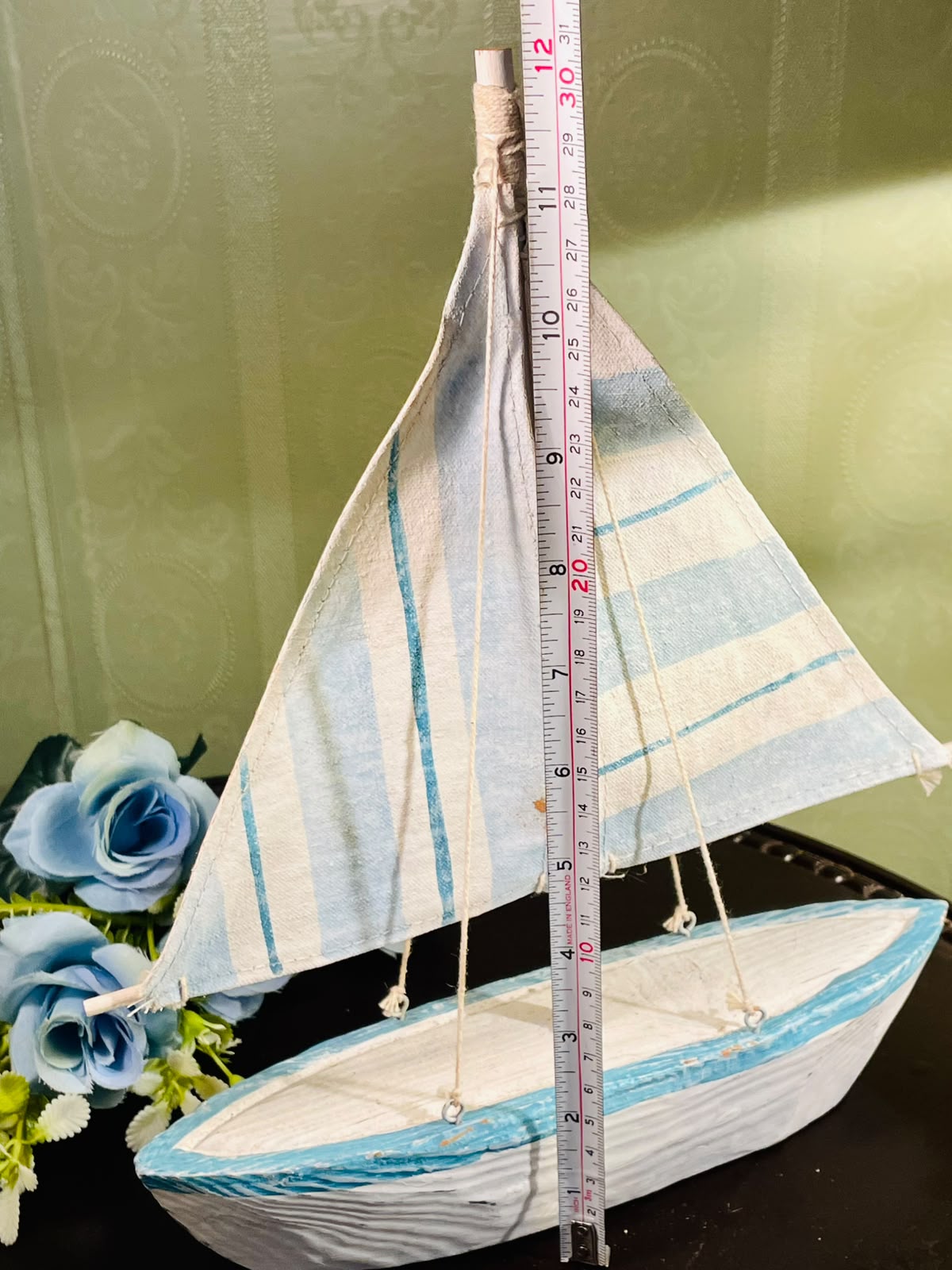 Blue and White Wooden Sailboat with Fabric Sails 31cm