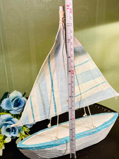 Blue and White Wooden Sailboat with Fabric Sails 31cm