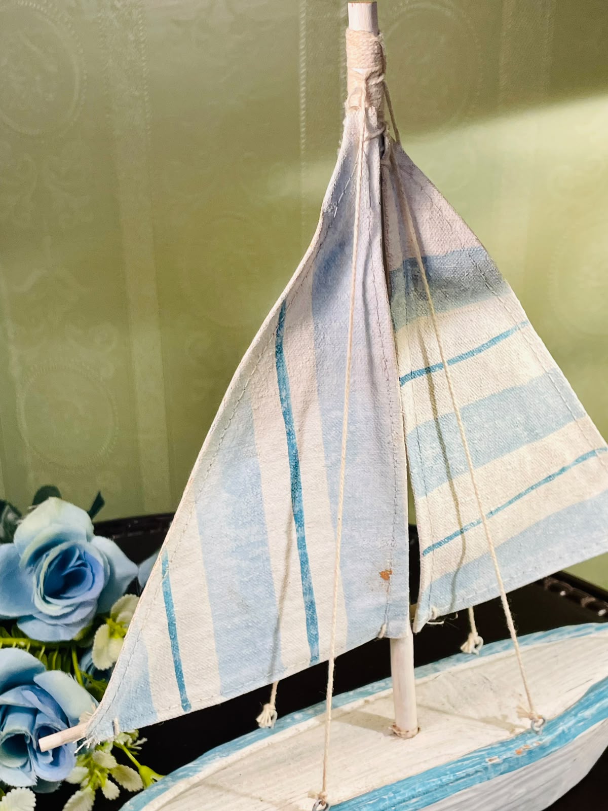 Blue and White Wooden Sailboat with Fabric Sails 31cm