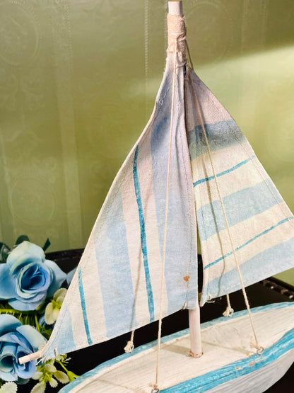 Blue and White Wooden Sailboat with Fabric Sails 31cm