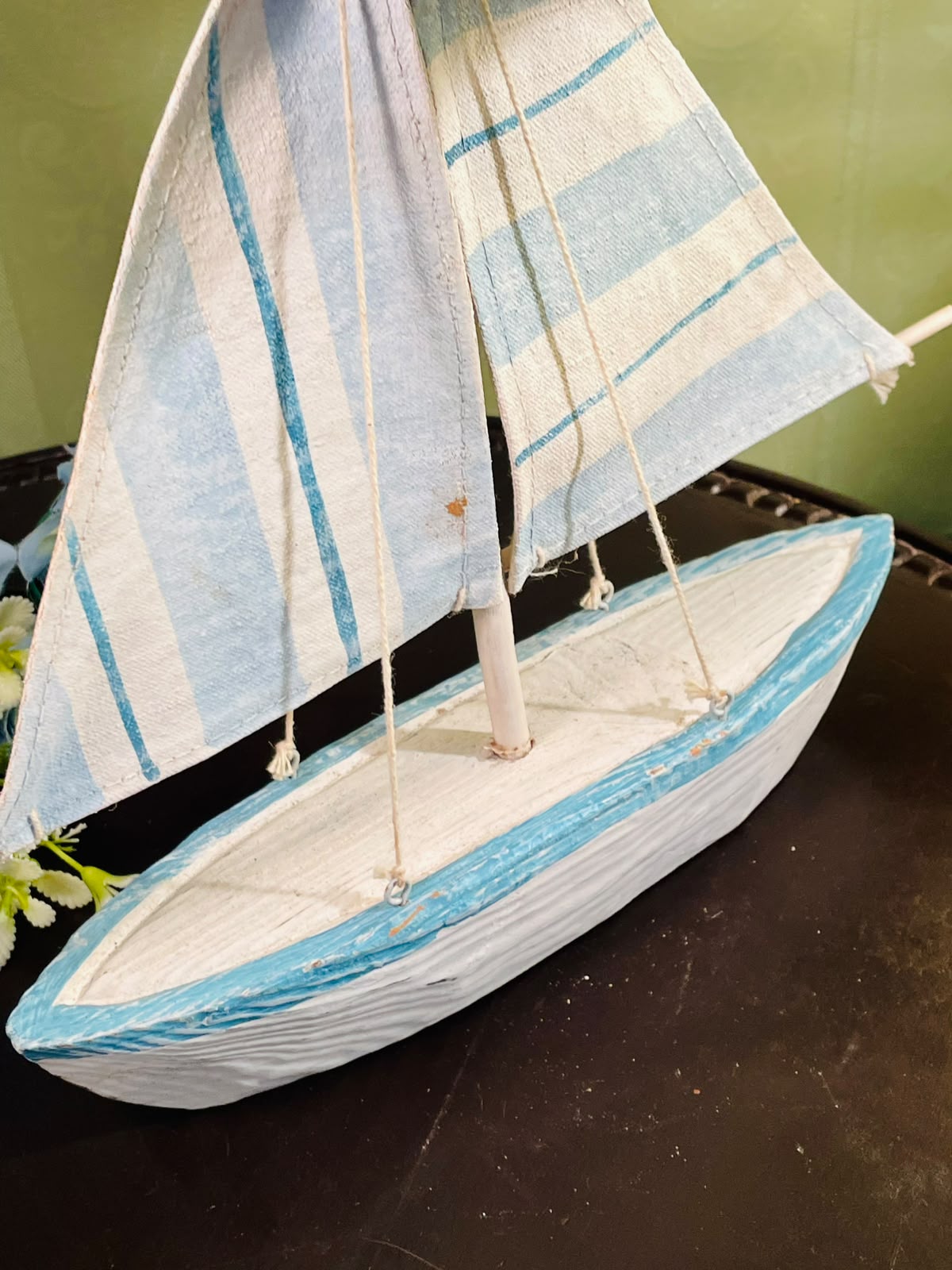 Blue and White Wooden Sailboat with Fabric Sails 31cm