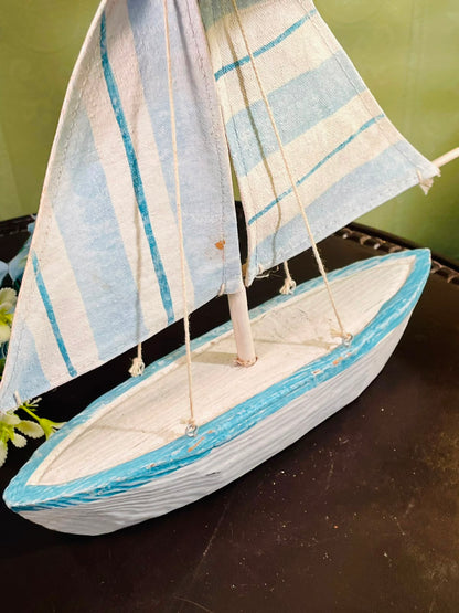 Blue and White Wooden Sailboat with Fabric Sails 31cm