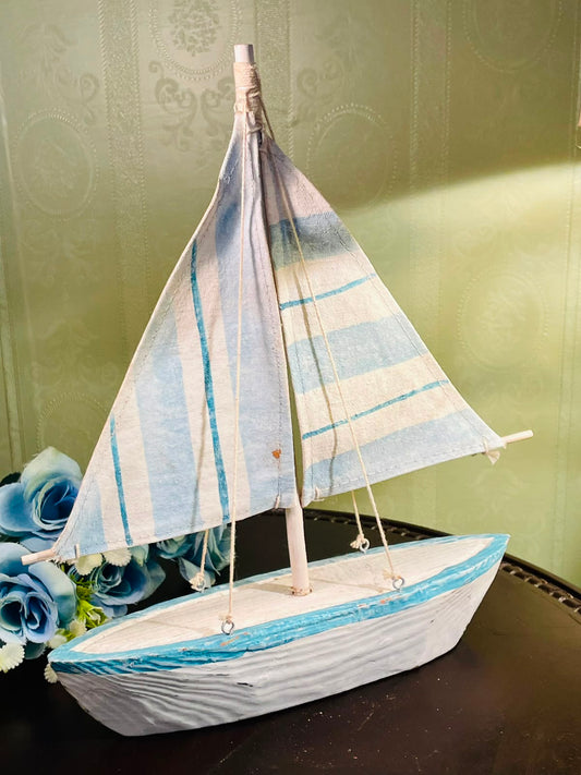 Blue and White Wooden Sailboat with Fabric Sails 31cm